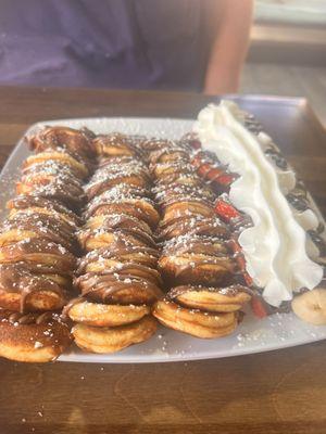 Mini pancakes w/ Nutella, strawberry, banana and whipped cream