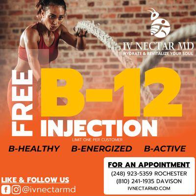We care about your HEALTH! That's why we are offering you a Free B12 Injection! Call today, or schedule online!