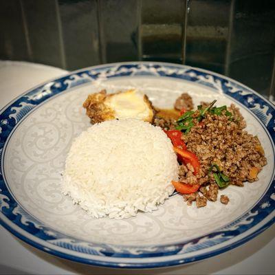 Authentic Ground Beef Thai Holly Basil over rice with fried egg