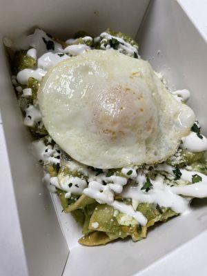 Chilaquiles, green salsa with egg