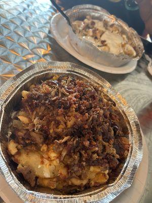 Chicken Bacon Ranch loaded potato and Mac & Cheese with Pulled Pork loaded potato.