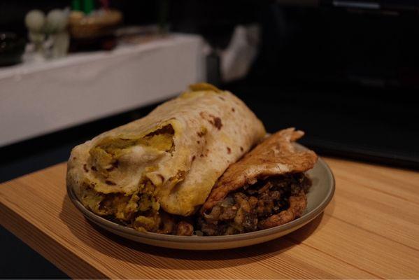 Potato roti ($6) and veggie doubles ($3)