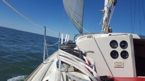 A great view down the rail under full sail.