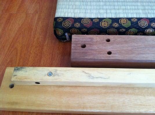 the tatami (looks good), center rail (looks okay), and discolored/contaminated side rail (not sure if it is mold, hope it's not)