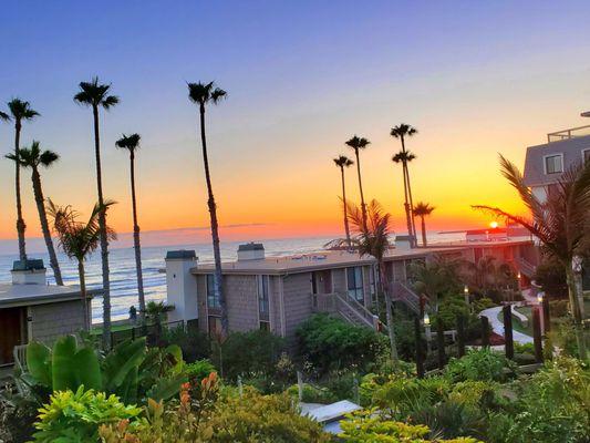 Sunset from my balcony in the D building. Gorgeous landscaping. Can hear the ocean too.