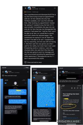 The conversation between I and the stylist. I'm the blue bubble and she's the black bubble.