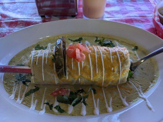 Carne Asada, beans and rice burrito covered in their famous Poblano cheese sauce. Very good.