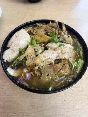 Build your own: Chicken broth, wheat noodles, chicken, and a variety of veggies and a soy egg.