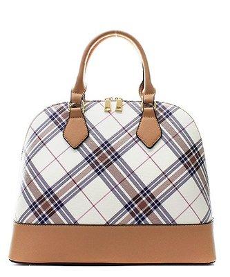 Two Toned Plaid Structured Satchel Tote