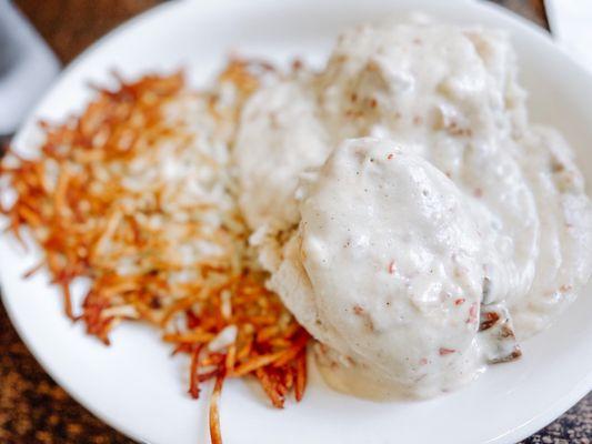 Biscuits and Gravy with Hash brown side