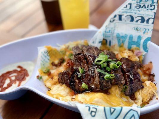 Tipsy Tots with teriyaki steak