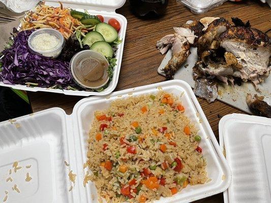 Peruvian Rotisserie Chik'n. Arroz Chaufa. Salad.