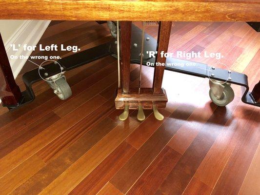 Photo shows how they put the wrong leg in to the wrong base. They cracked the legs when they were trying to adjust the bases mid action.