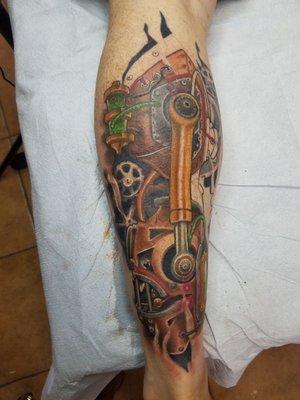 2nd session on this leg calf. Tattoo by Zack Carpenter of Snake Byrd Ink.