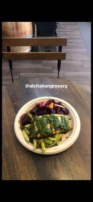 Salmon beets pasta pesto sauce