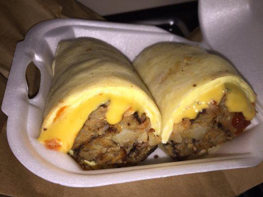 Scrapple potato egg and cheese breakfast burrito