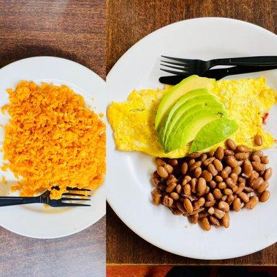 rice and beans and veggie omelet