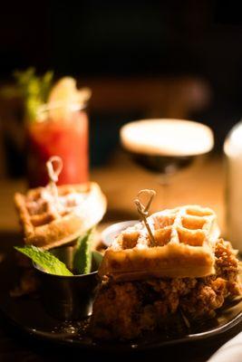 Chicken and Waffles and a bloody mary, available during our boozy bottomless brunch.