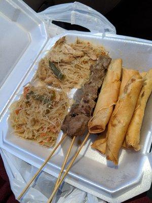 #1 combo Steak kabob, lumpia (spring rolls), and pancit (noodles)