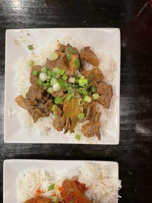 Pork adobo and crispy chicken both over rice
