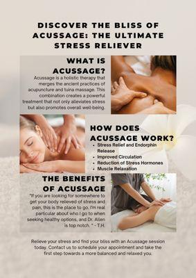 Acussage is a combination of two great modalities (Acupuncture and Tuina Massage) combined in one great session.
