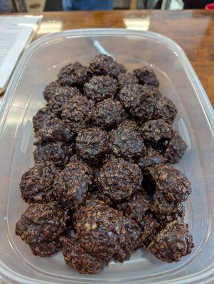 Free dessert on Fridays! Something different each week! These are chocolate peanut butter no bakes.