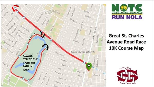2015 10K Course down St. Charles from De La Salle High School, around Audubon Park, and back.