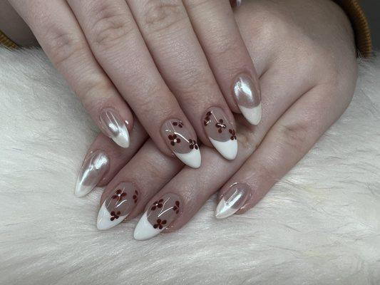 Acrylic almond shape and French mani with flower designs