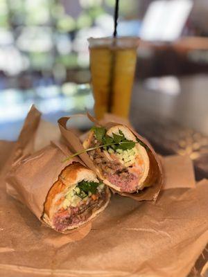 Spicy Pork Belly Banh Mi with extra pate. $15.50