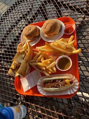Burgers, hot dogs, and fries.
