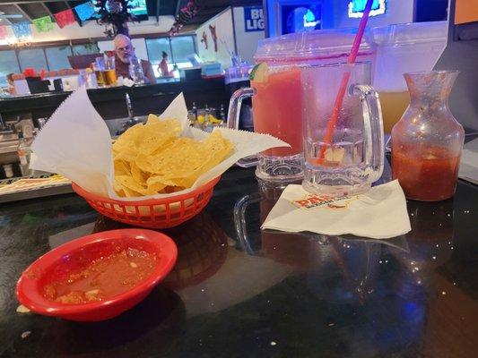Free chips and salsa, buy one, get one free margaritas and cold mug dos equis. Win win