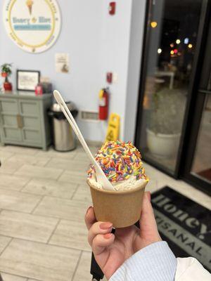 vegan vanilla ice cream with vegan rainbow sprinkles