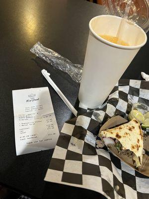 Cantaloupe Fresca to drink and almost gone quesadilla!