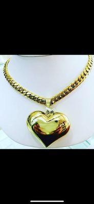 Women's Cuban link checker with heart pendant 10kt and 14kt available