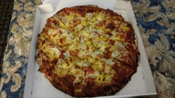 Great hot pizza delivered. Good service too