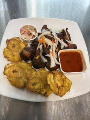 Fried Goat/Tassot Cabrit with Bunnan/Tostones (Plantain)