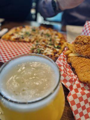 Bbq chicken pizza, chicken fingers and a hazy