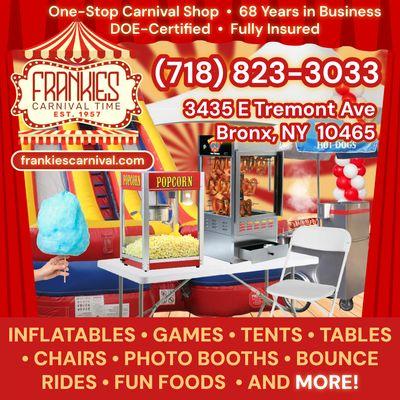 Party rentals, entertainers & treats in NYC! Frankie's brings 65+ years of fun to events with Bounce Houses, Tents, Food, Clowns, Magicians
