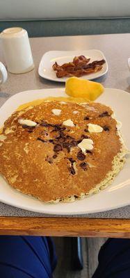Chocolate Chip pancakes and bacon!