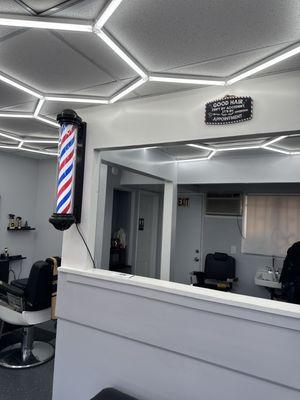 Inside the barbershop.