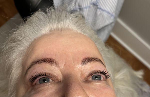 Lash lift and tint with brow lamination and tint! Results are semi permanent lasting 6-8 weeks.