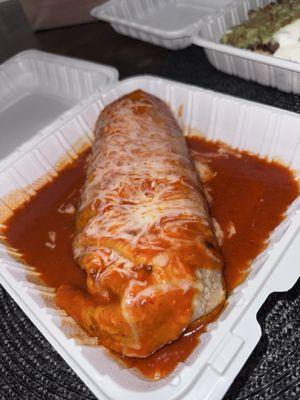 Carne asada wet burrito with red sauce
