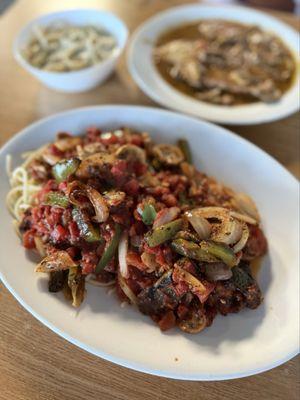 Here's the art photo! This is veal cacciatore with veal Marsala and fettuccine Alfredo in the background.