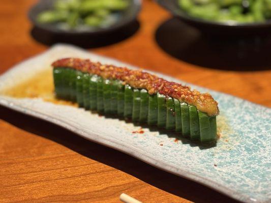 Sliced cucumber with green chile miso