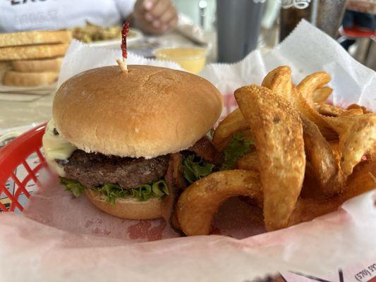 Bacon burger with bacon jam and sidewinder fries