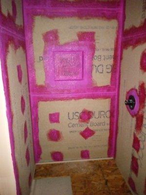 Showing the water sealing in shower orf the basement apartment remodel.