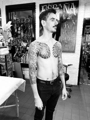 Renan did these Japanese sleeves to chest panel tattoos