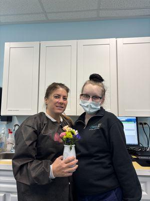 Giving flowers to my favorite dentist! Thank you Dr. Mendez & Lexie!