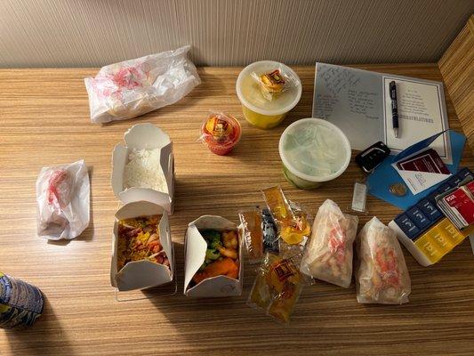 Our food lacking our vegetable chow mein.