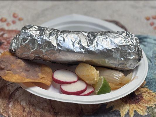 Birria burrito, cones with a small crunchy tortilla and beans, radish, lime and grilled onion